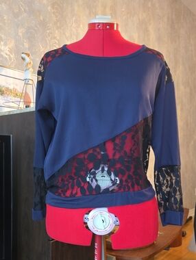 PJK Lace-Panel Navy Women’s Top